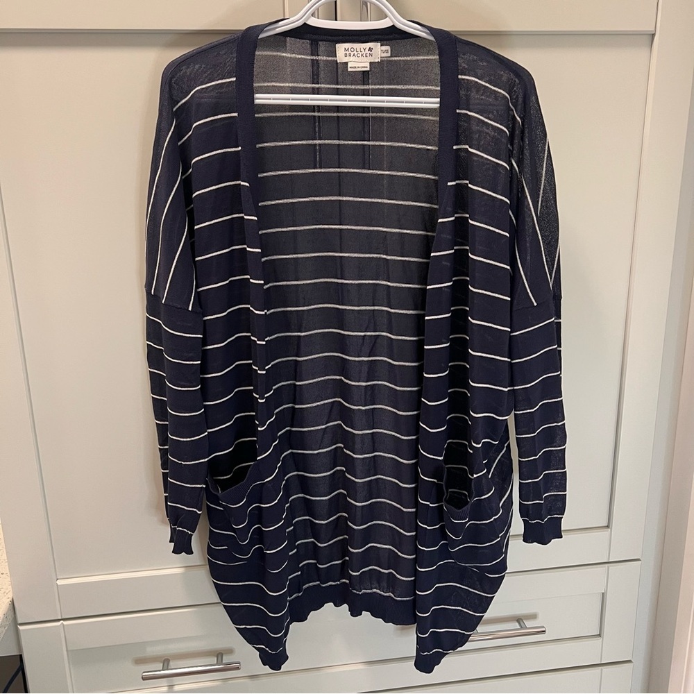 MOLLY BRACKEN Navy and White Striped Cardigan Lightweight Semi-Sheer Sweater
